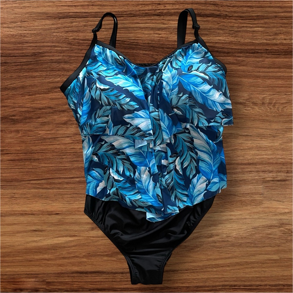 Blue and Black One Piece Swimsuit with Adjustable Straps
